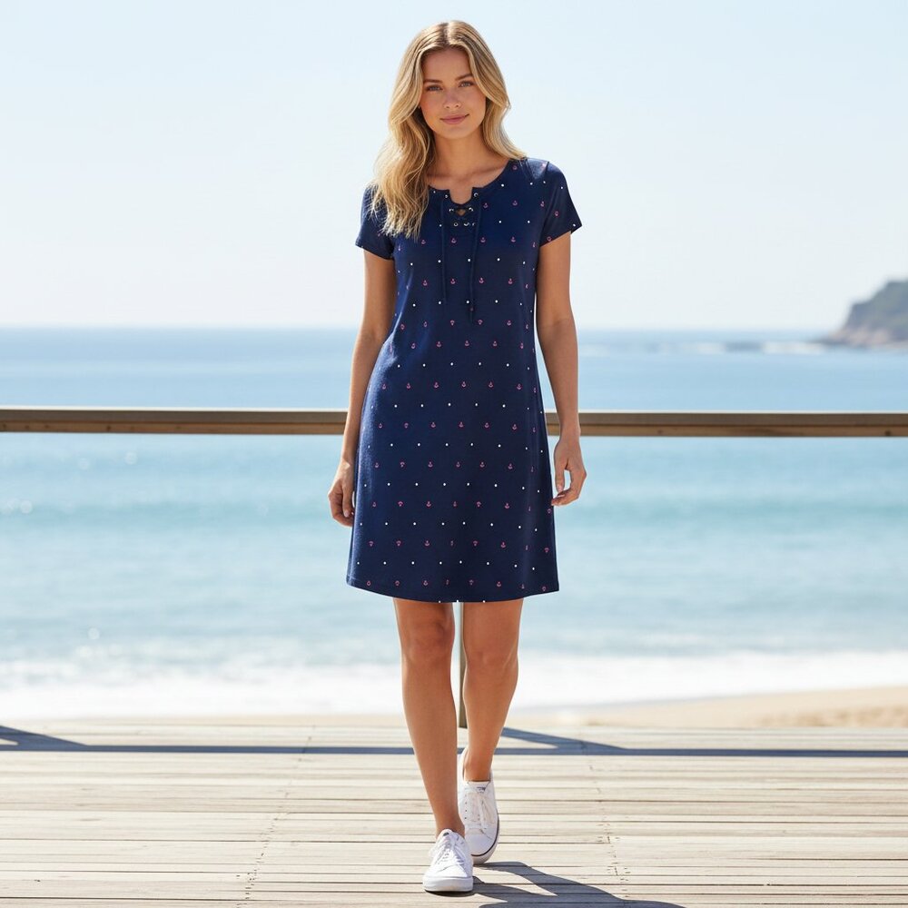 TALBOTS Women's EUC Nautical Mini Polka Dot‎ & Anchor Dress Navy | Size M